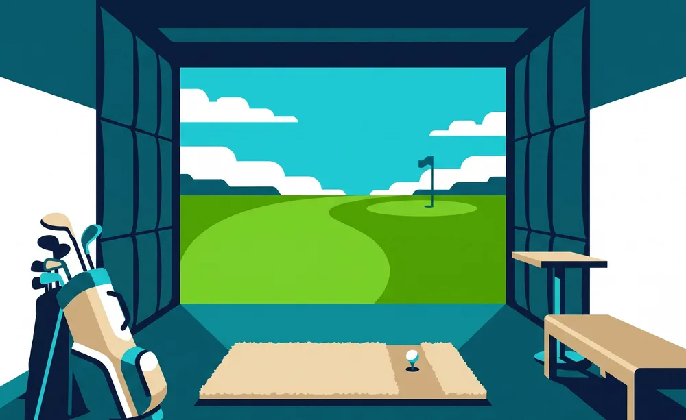 Flat illustration: an indoor golf simulator bay with a big screen showing a green fairway and flag, a turf mat with a ball on a tee, and a golf bag.